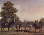 George Stubbs The Third Duke of Portand and his Brother,Lord Edward Bentinck,with Two Horses at a Leaping Bar painting